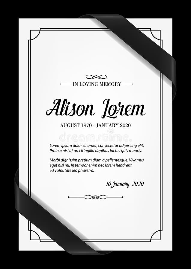 Funeral card vector template with black frame, mourning ribbons in corners, place for name, birth and death dates. Obituary memorial, condolence funeral card design, in loving memory typography. Funeral card vector template with black frame, mourning ribbons in corners, place for name, birth and death dates. Obituary memorial, condolence funeral card design, in loving memory typography