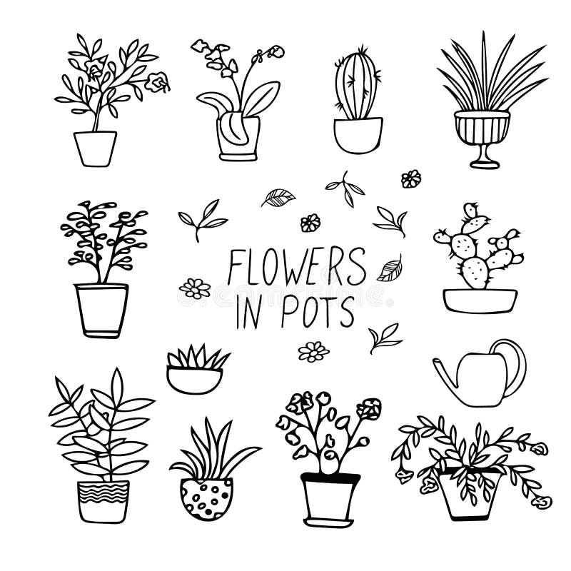 Plants and flowers in pots set of elements in hand drawn style. simple liner doodle scandinavian stock illustration Plants and flowers in pots set of elements in hand drawn style. simple liner doodle scandinavian stock illustration
