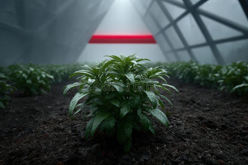 Growing plants in a glowing space dome on Mars during a serene moment royalty free illustration