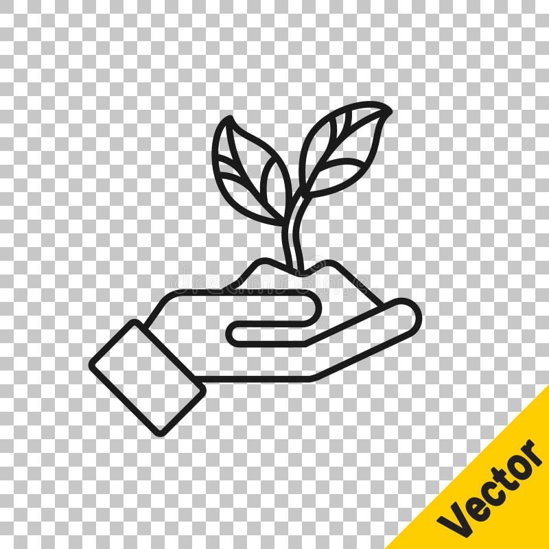 Plantă cu linie neagră în mână cu pictograma de protecție a mediului izolată pe fond transparent. semințe și semințe stock illustration