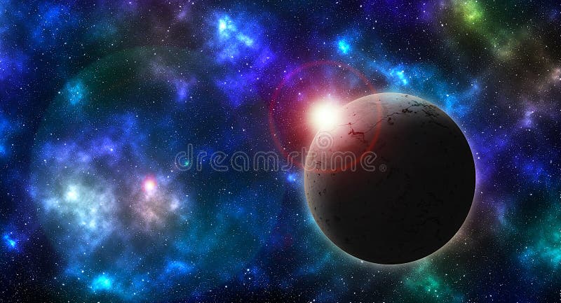 Fantasy sky with colorful stars and big round textured planet. Fantasy sky with colorful stars and big round textured planet.