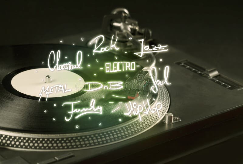 Plaque tournante avec des genres de vinyle et de musique écrits images libres de droits Plaque tournante avec des genres de vinyle et de musique écrits images libres de droits