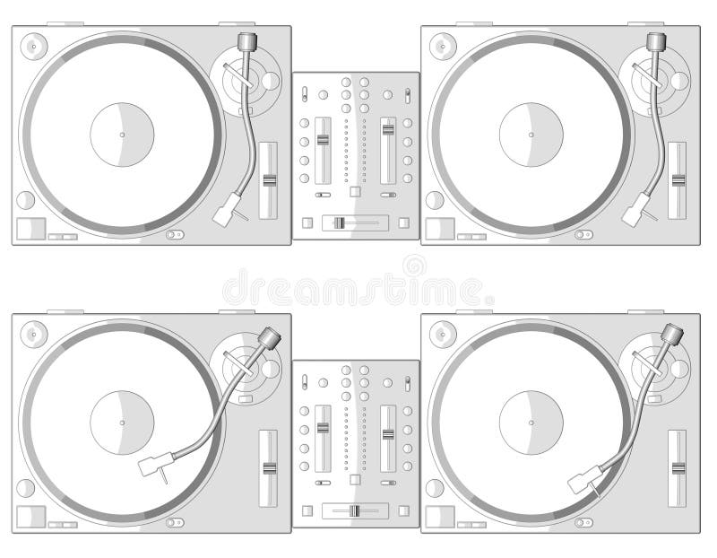 Two turntables and mixer on white background. playing and non playing a record. check my portfolio for variations. Two turntables and mixer on white background. playing and non playing a record. check my portfolio for variations.