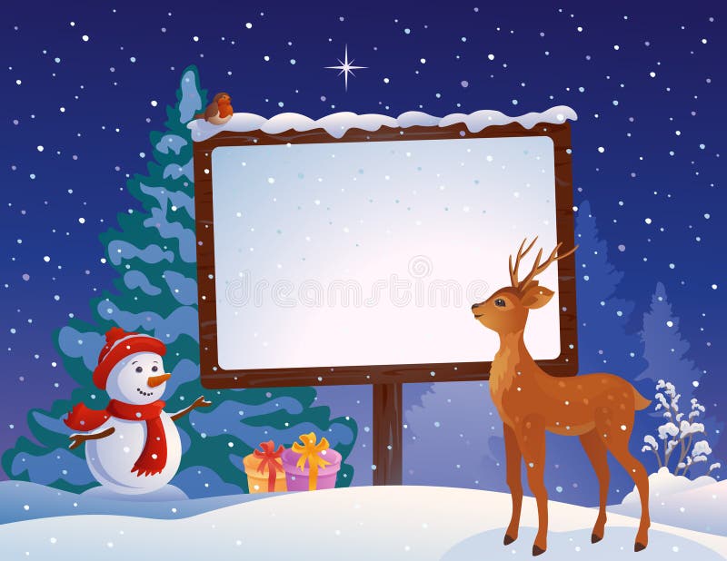 Illustration of Christmas snowman, deer and snowy placard with copy space. Illustration of Christmas snowman, deer and snowy placard with copy space
