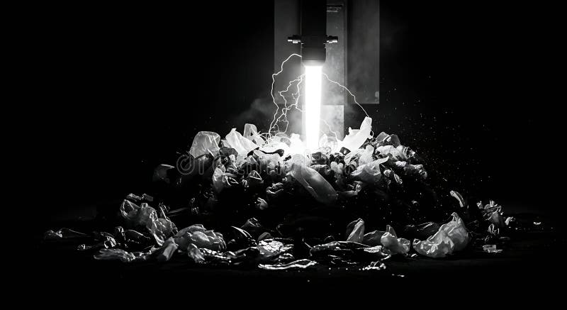 Plasma incinerates landfill garbage in monochrome royalty free illustration