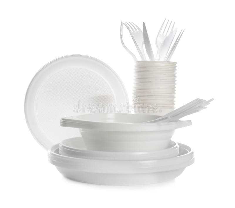 Plast- dishware som isoleras på vit Picknicktabell