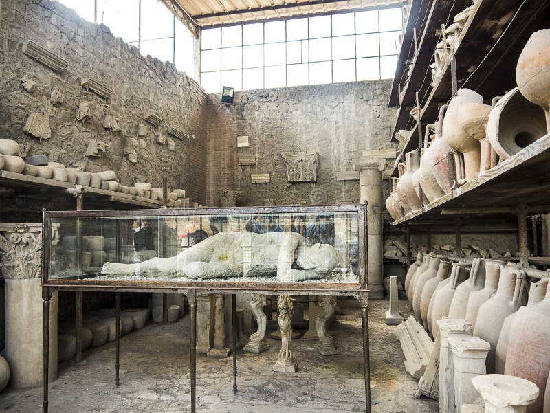 Plaster cast of one of the victims in the once buried Roman city of Pompeii south of Naples under the shadow of Mount Vesuvius