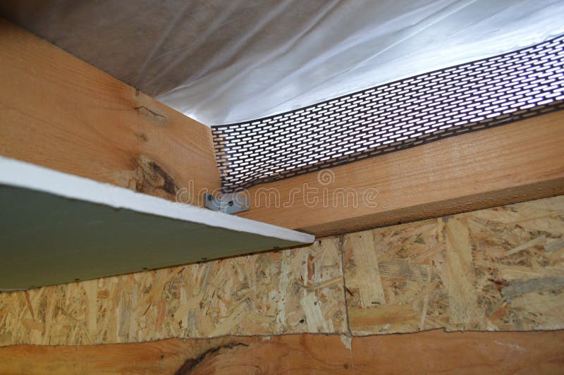 Plasterboard Installation On The Ceiling And Wall Stock Photo