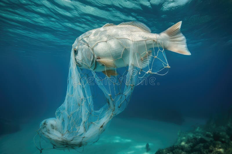 Plastic Bag Caught in Fishing Net, Tangled among Fish Stock