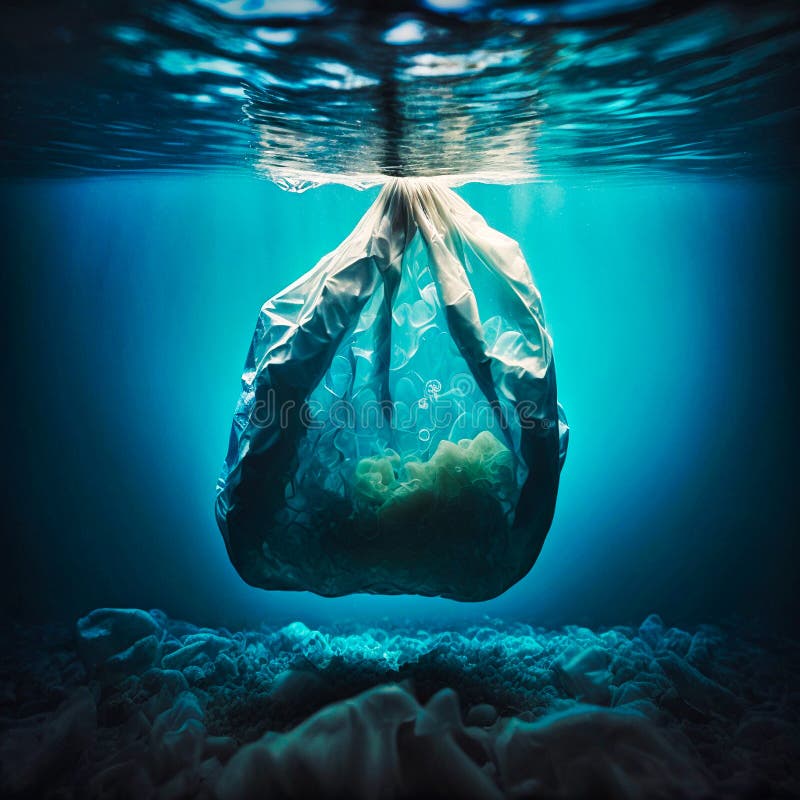 Plastic Bag Floating Underwater in the Ocean, Generative AI Stock