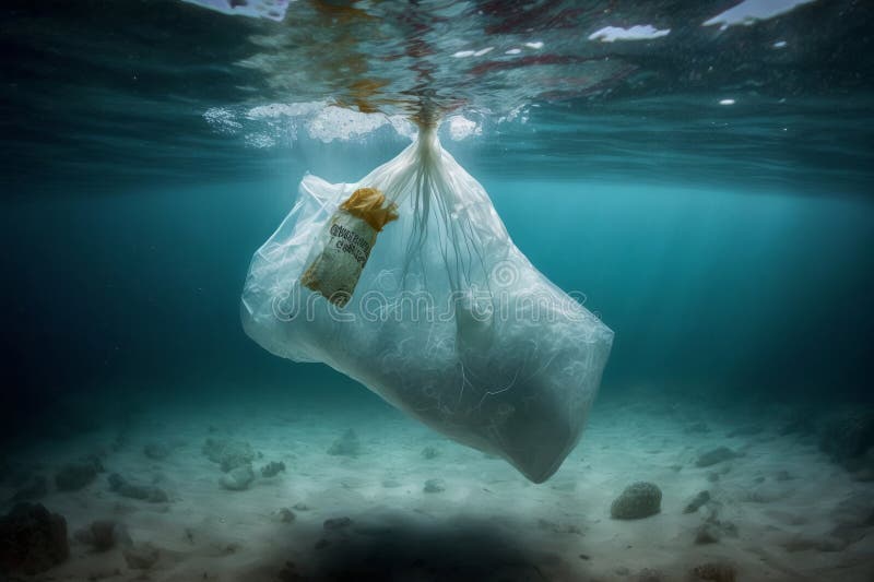 Plastic Bag Floating Underwater in the Ocean. Microplastic Sea