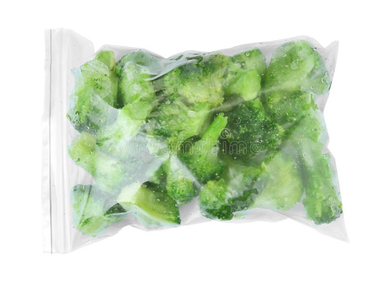 Plastic Bag with Frozen Broccoli on White Background. Vegetable