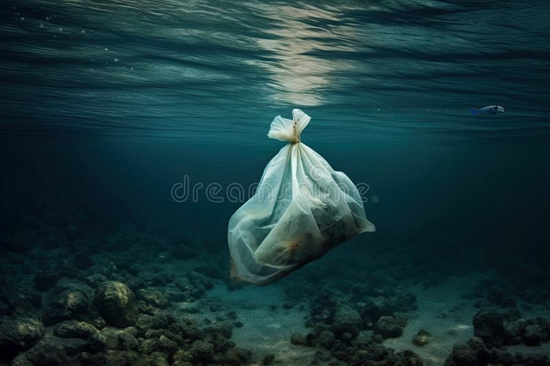 Plastic bag under the sea stock illustration. Illustration of