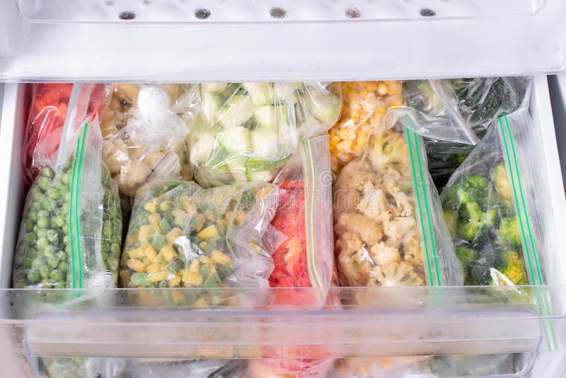 Plastic Bags with Deep Frozen Vegetables in Refrigerator Stock Photo Image of frost