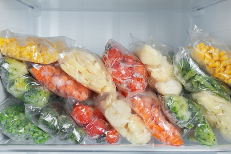 Plastic Bags with Frozen Vegetables in Refrigerator Stock Image Image