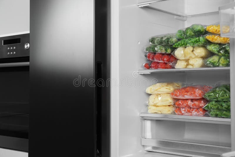 Plastic Bags with Different Frozen Vegetables in Refrigerator Indoors Stock Photo Image of