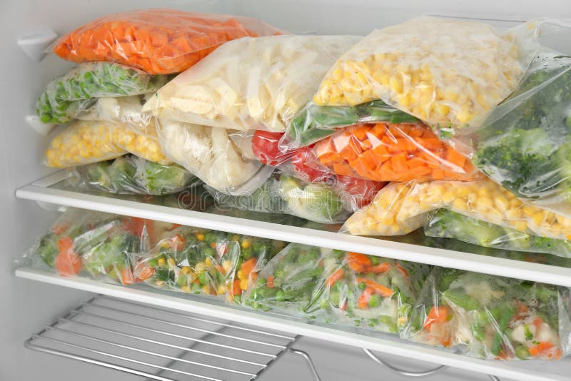 Plastic Bags with Frozen Vegetables in Refrigerator Stock Image Image