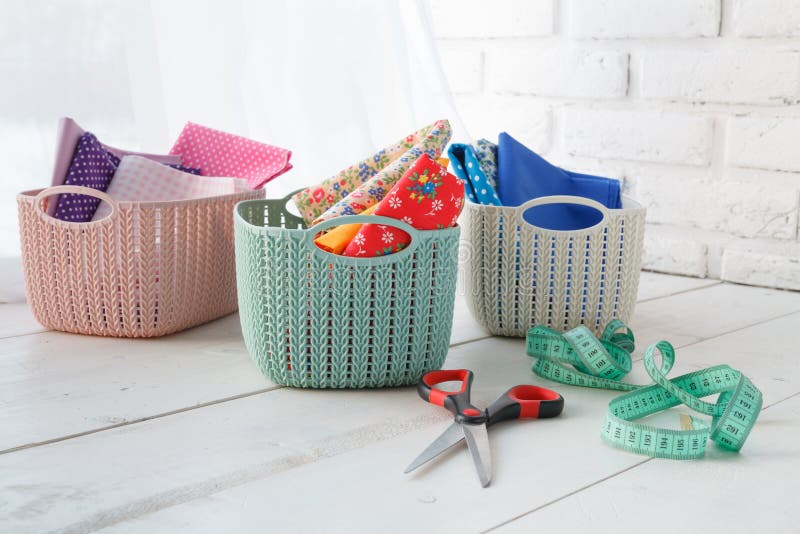 Plastic Basket Home Organizers for Handmade Accessories Stock Photo