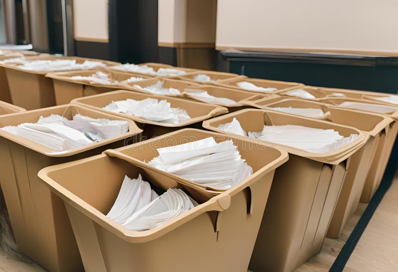 Plastic bin storing multiple documents waiting to be shredded. royalty free illustration.
