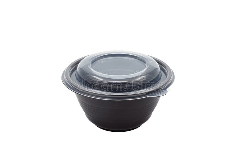Plastic, Black, Round Bowl for Eating on a White Background Stock Photo