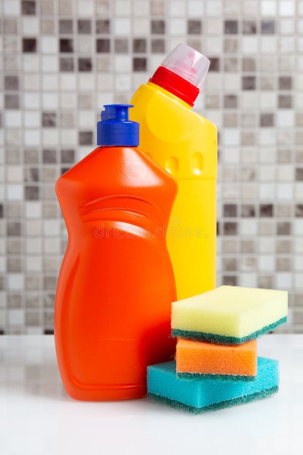 Plastic Bottle with Cleaning Agent and Sponges Stock Image Image of