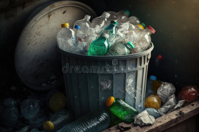 Plastic Bottle Garbage Bin Overflowing with Trash, Including Other