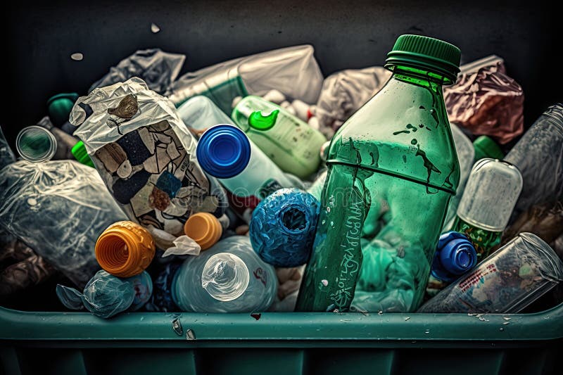 Plastic Bottle Garbage Bin Overflowing with Trash, Including Other