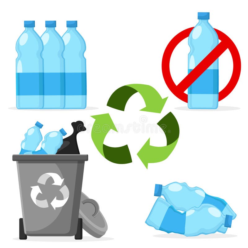 Plastic Bottle, Trash Can on a White. Isolated, Set Stock Vector