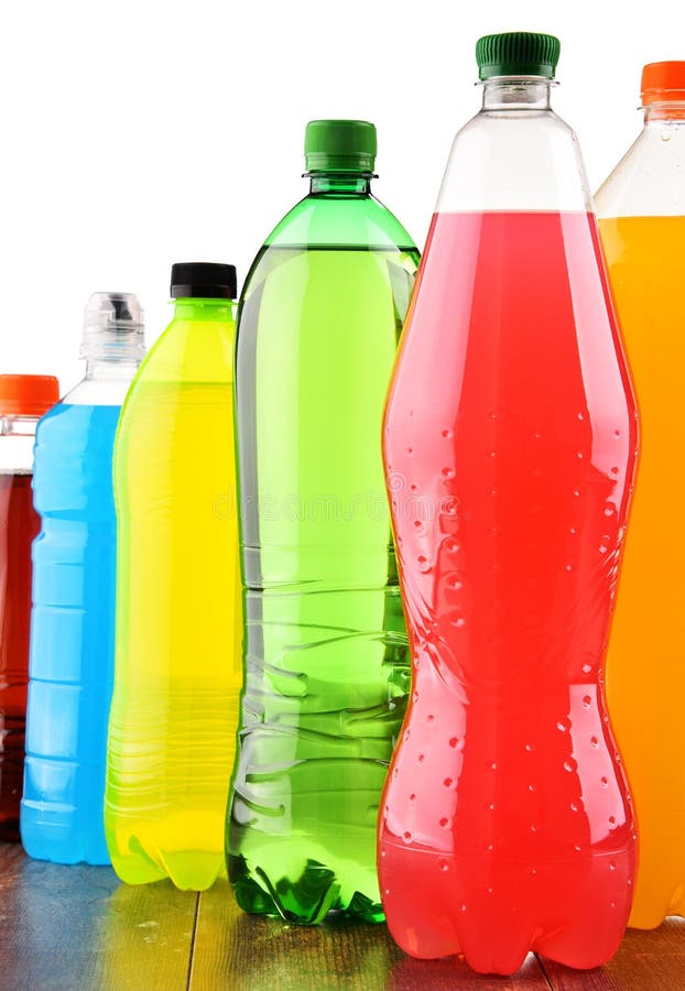 Plastic Bottles of Assorted Carbonated Soft Drinks Over White Stock