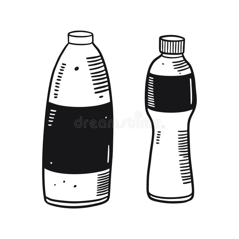 Two Plastic Bottles in Engraving Style. Hand Drawn Vector Illustation. Black Ink Stock Vector