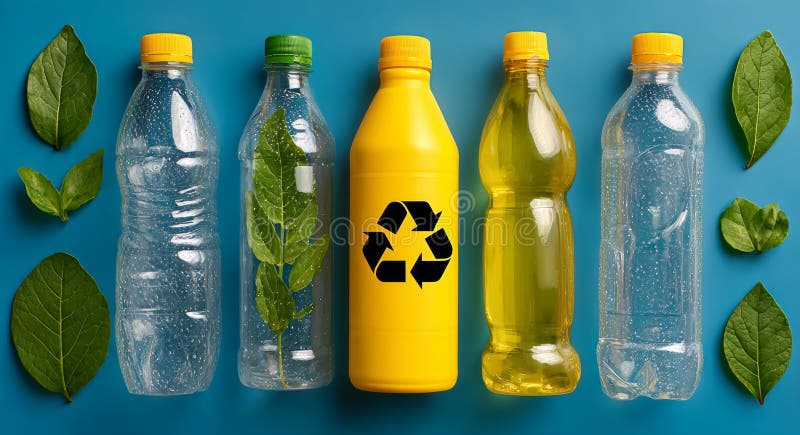 Plastic bottles and potted plants surround a yellow recycling symbol royalty free stock images