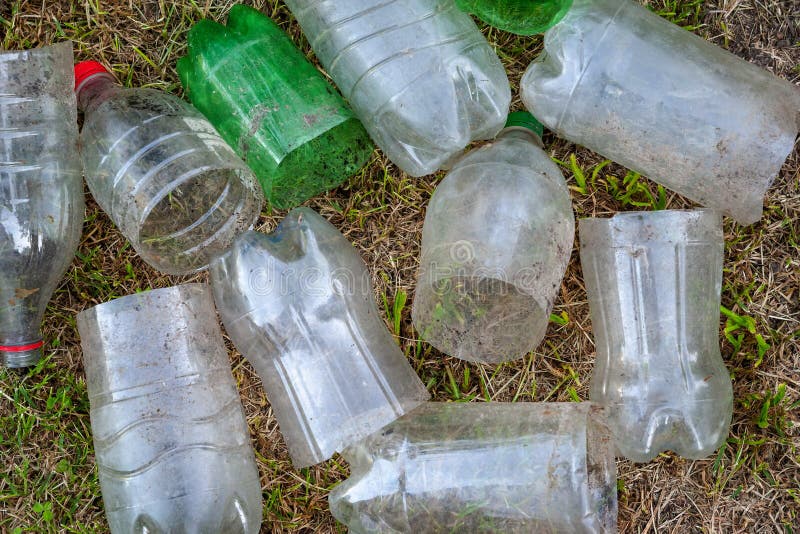 Plastic Bottles. Used Cutting Dirty Plastic Bottles, Top View. the Concept of Environmental