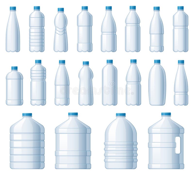 Plastic bottles. Water cooler bottle, PET package for liquids and soda drink beverage vector illustration set