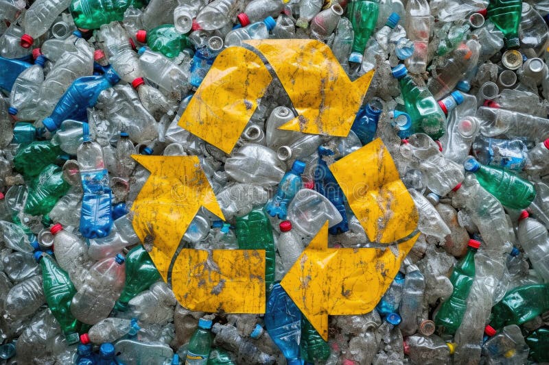 Plastic Bottles with a Yellow Recycling Symbol from Above Stock Photo