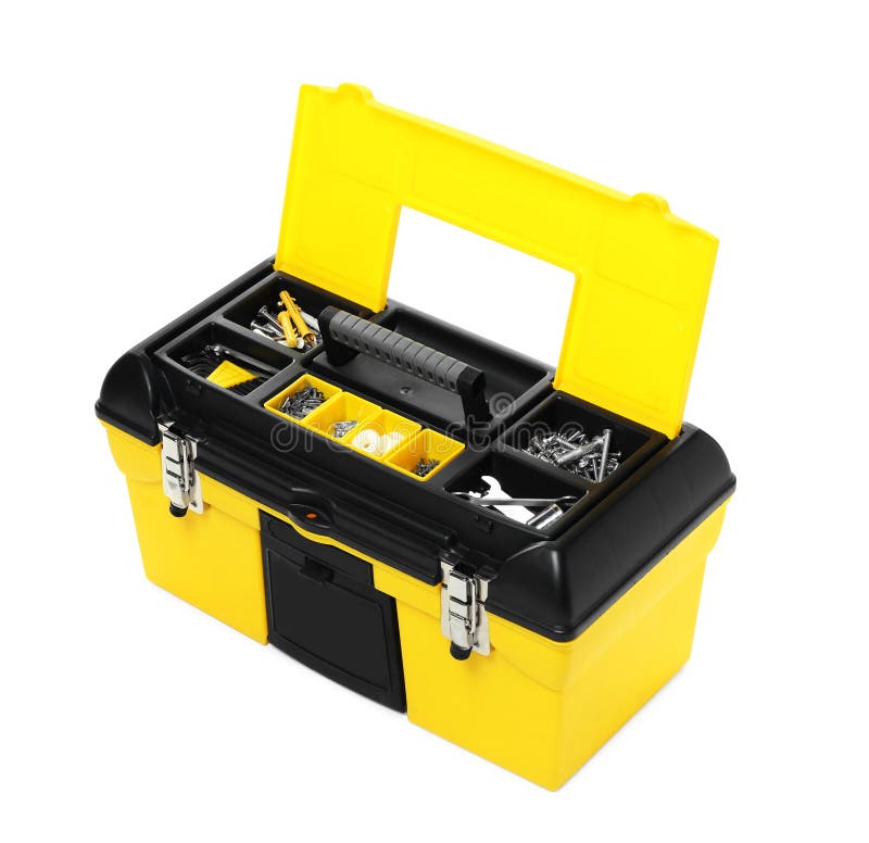 Plastic Box with Tools Isolated on White Stock Photo Image of equipment, contractor 267861626