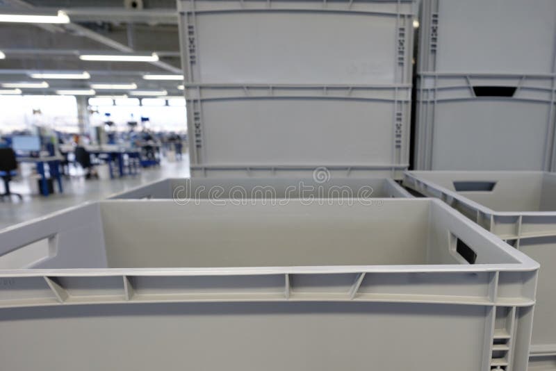 Plastic Boxes in a Production Hall Stock Photo Image of hall, crates