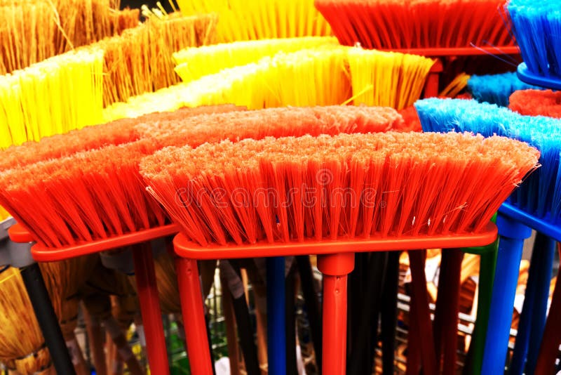 Plastic Broom. Multicolored Polymer Brushes. DIY Shop Stock Image Image of store, equipment