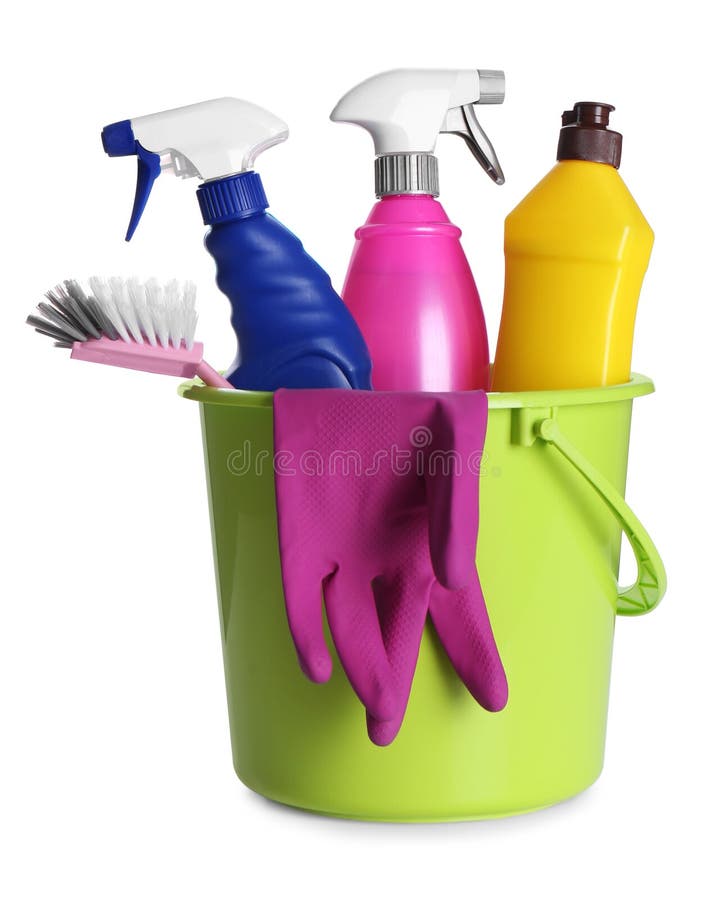 House Cleaning Equipment And Supplies In Bucket - Isolated Stock Photo,  Picture and Royalty Free Image. Image 93557670.