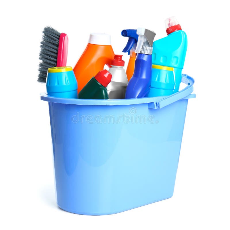 Plastic bucket with different cleaning products on white stock photos Plastic bucket with different cleaning products on white stock photos
