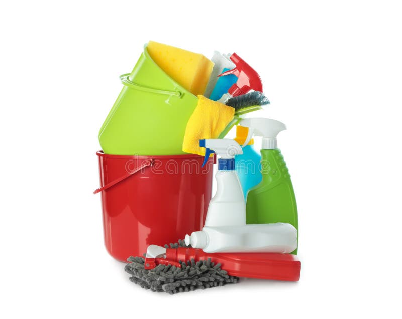 Buckets with Cleaning Supplies on Background. Banner Design Stock Image