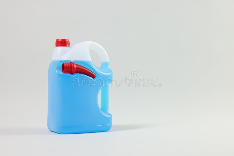 Plastic Canister with Nozzle and Blue Liquid on Light Grey Background
