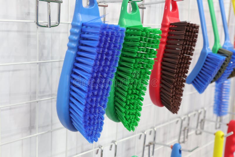 Plastic Cleaning Brushes in Supermarket Hanger Stock Photo Image of