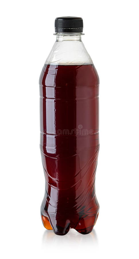 A plastic coke bottle on a white background. Front view. Carbonated soft drink. With clipping path