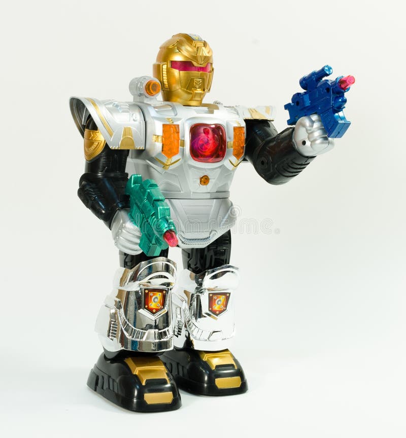 Plastic colored robot transformer - toy for boys isolated on white background royalty free stock photos