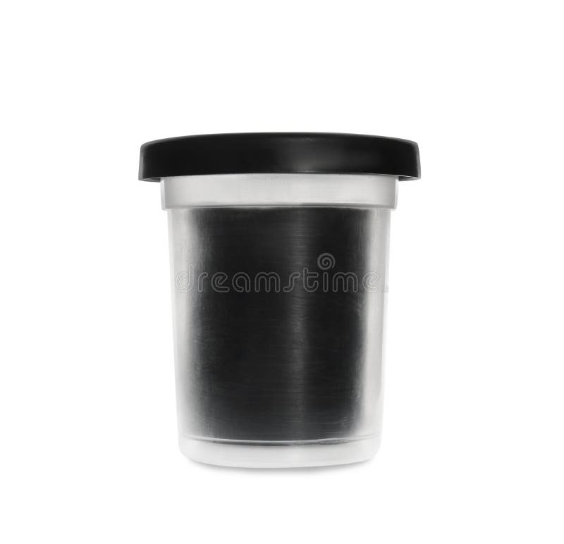 Plastic Container of Black Play Dough Isolated on White Stock