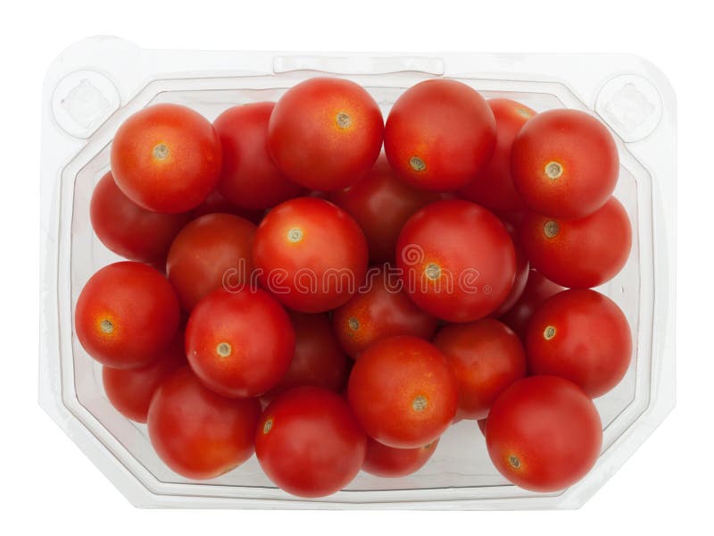 Plastic container of red cherry tomatoes, isolated