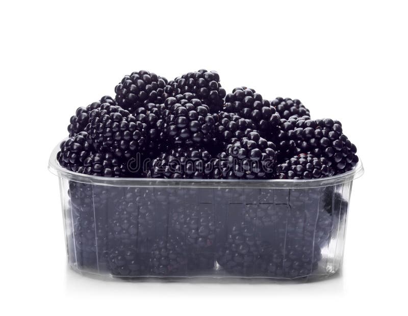 Plastic Container with Tasty Blackberries on White Stock Photo Image