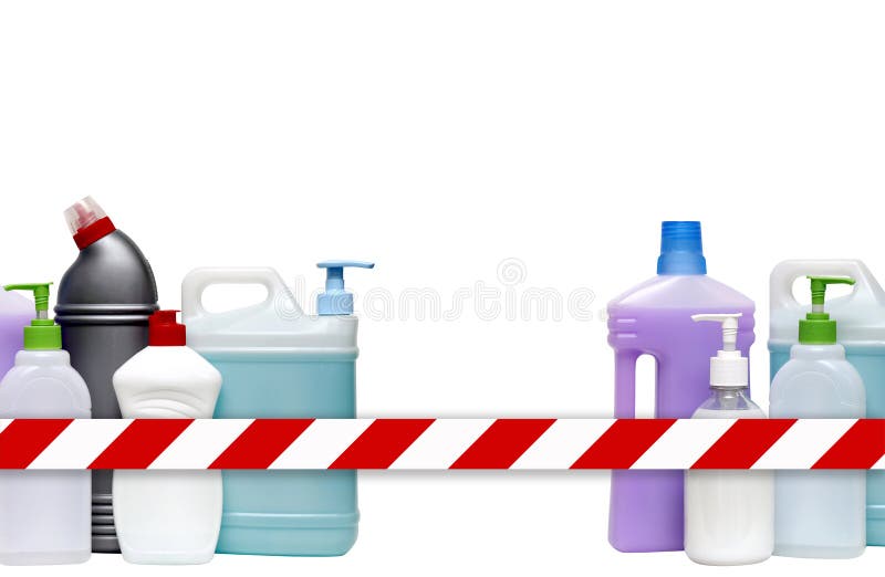 Plastic containers and bottles isolated on a white background with a signal tape in the foreground.