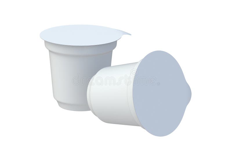 Plastic containers for yoghurt, dessert or cheese isolated on white background. Packaging for dairy products. Blank disposable jars for ice cream. 3d render