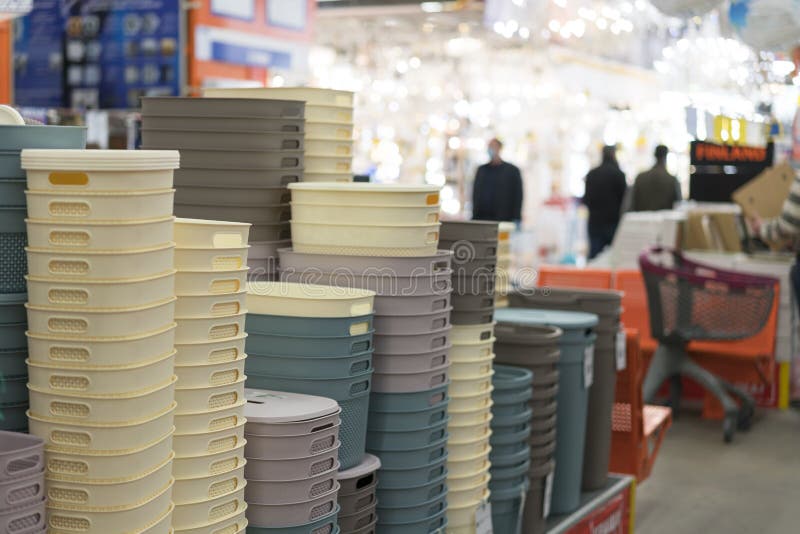 Plastic Crates in a Hardware Store. Automated Storage Warehouse with